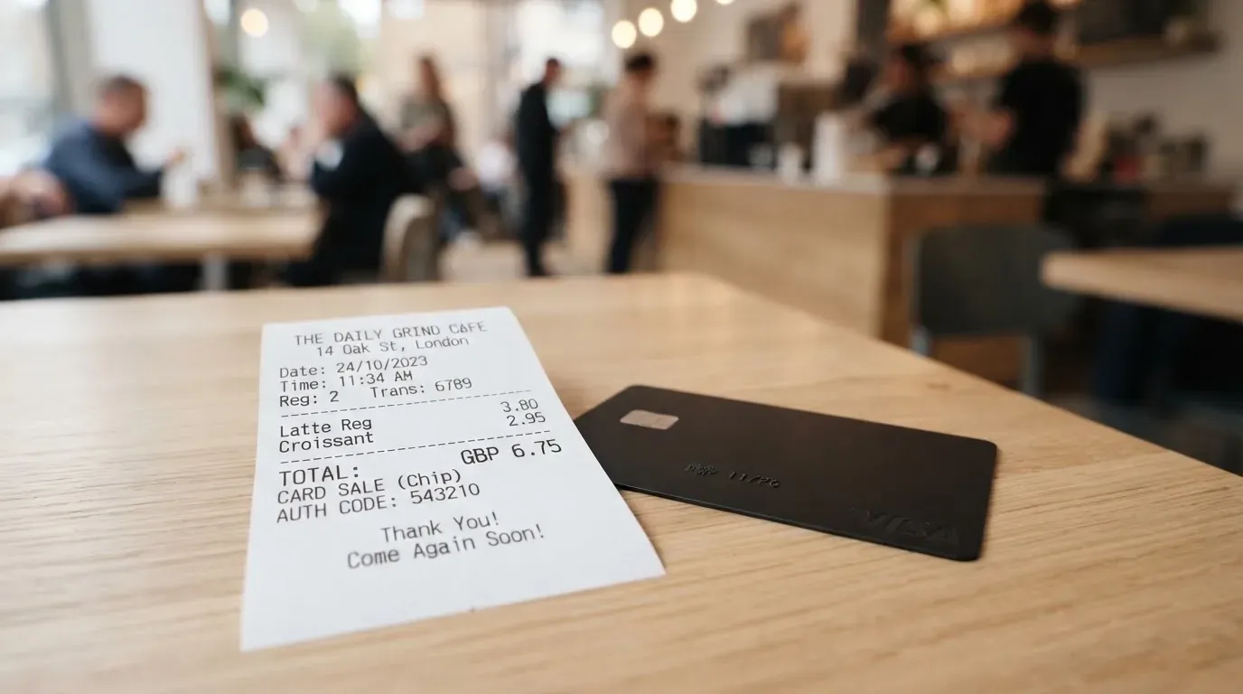 A receipt and a card on a café table