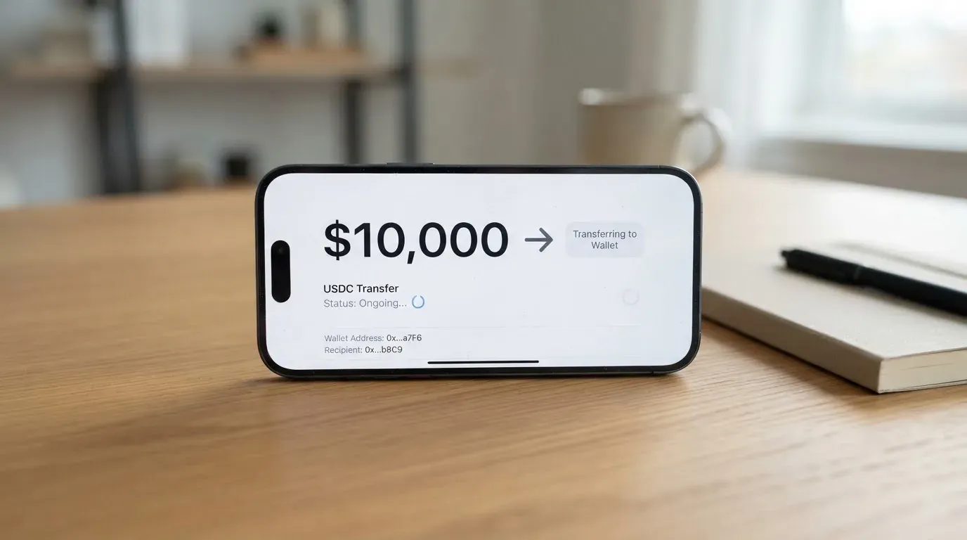 A phone showing a stablecoin transfer screen