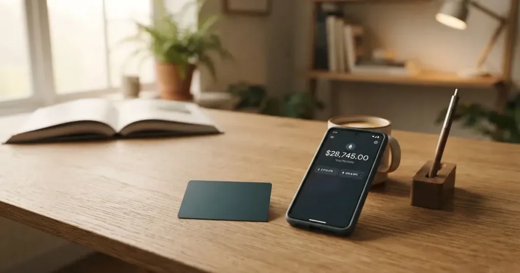 A payment card next to a phone with a crypto wallet app open