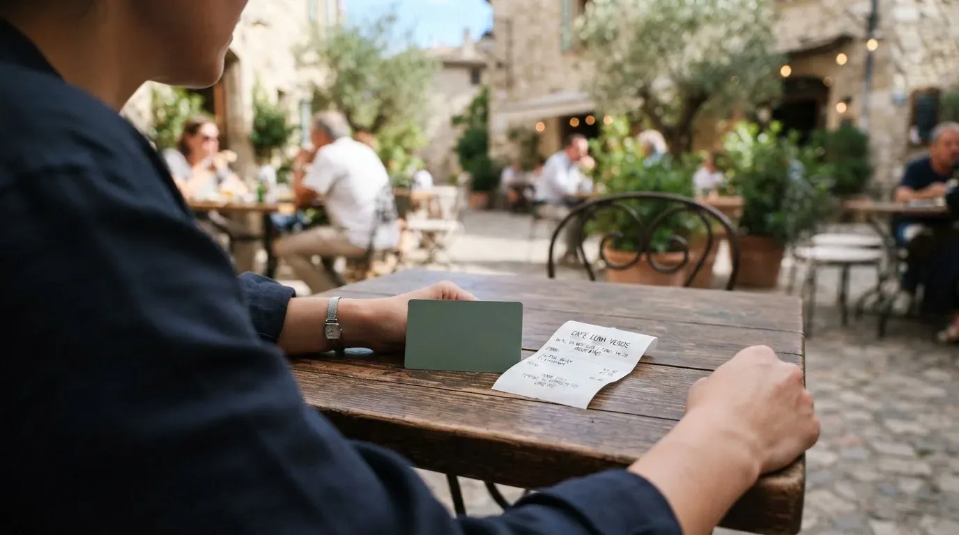 A receipt and a card on a café table
