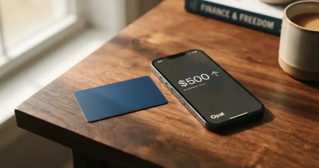 A payment card next to a phone with a crypto wallet app open