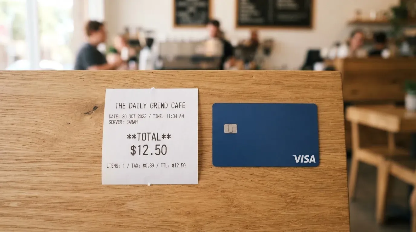 A receipt and a card on a café table