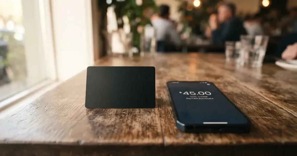 A payment card next to a phone with a crypto wallet app open