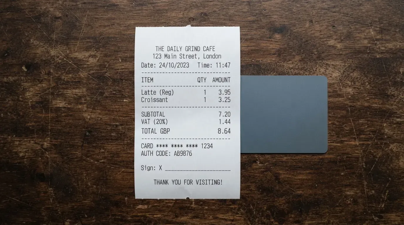 A receipt and a card on a café table