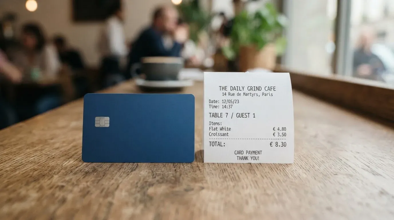 A receipt and a card on a café table