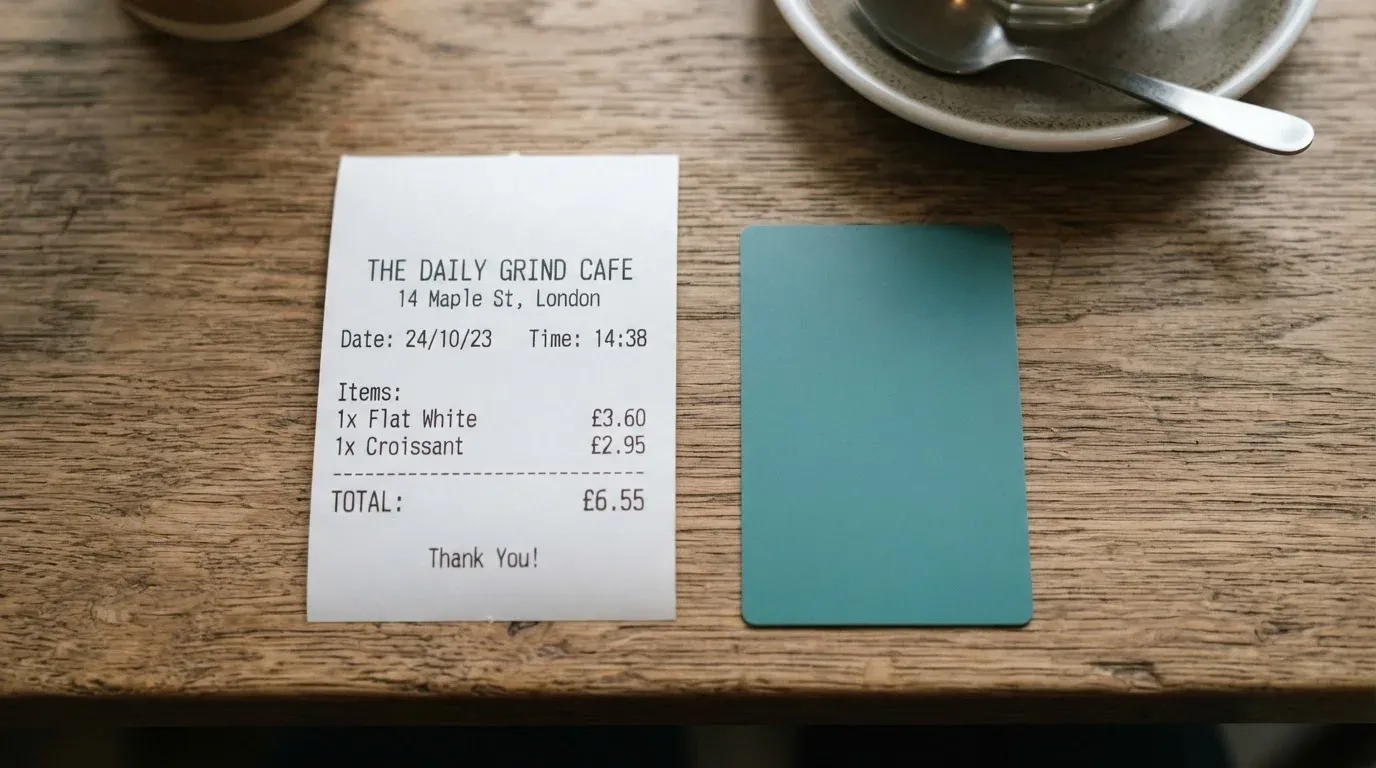 A receipt and a card on a café table