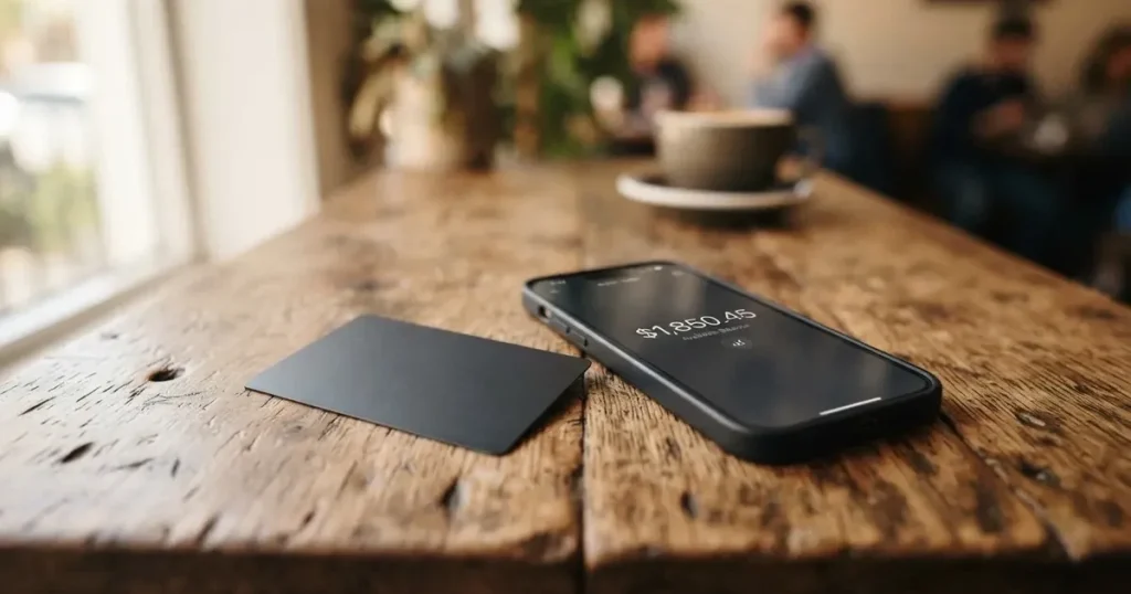 A payment card next to a phone with a crypto wallet app open
