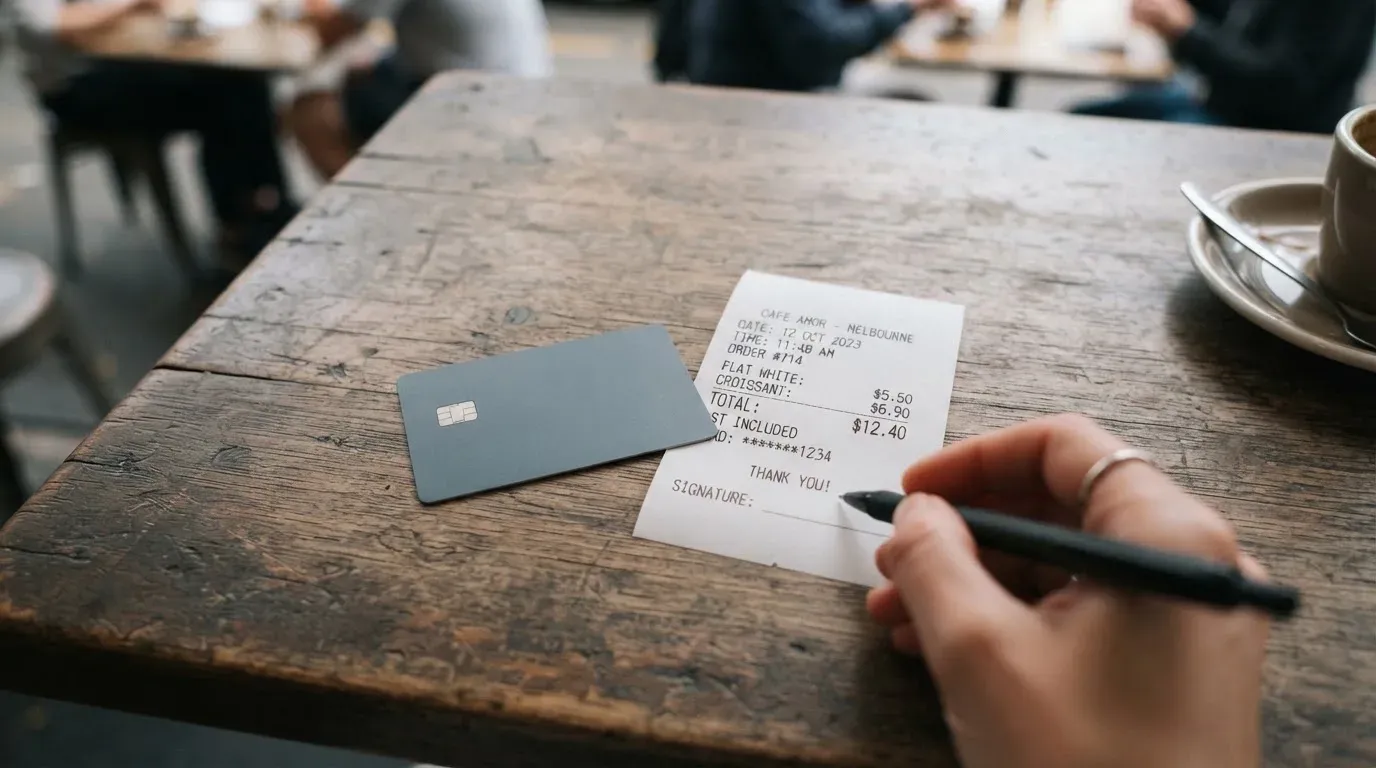 A receipt and a card on a café table