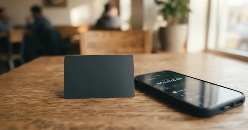 A payment card next to a phone with a crypto wallet app open