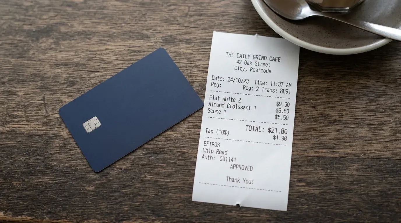 A receipt and a card on a café table