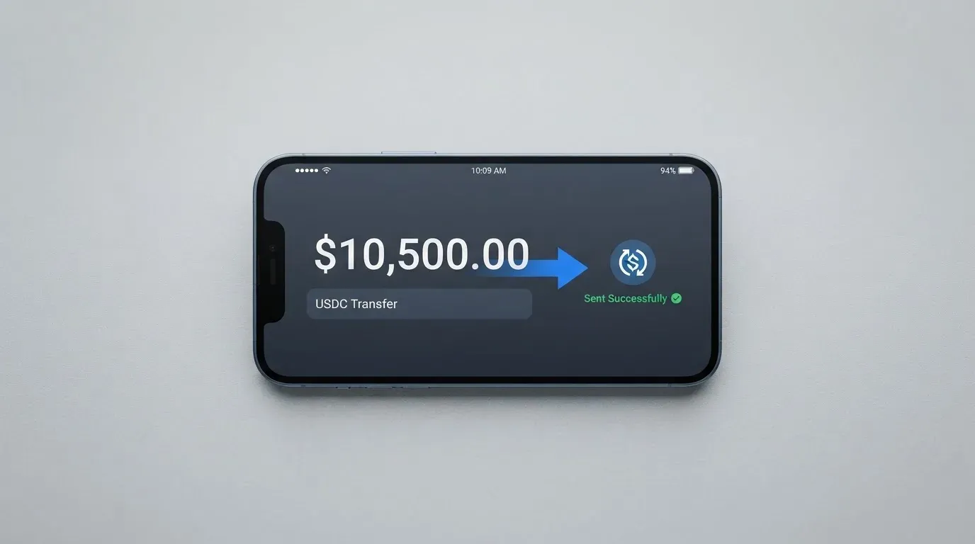 A phone showing a stablecoin transfer screen
