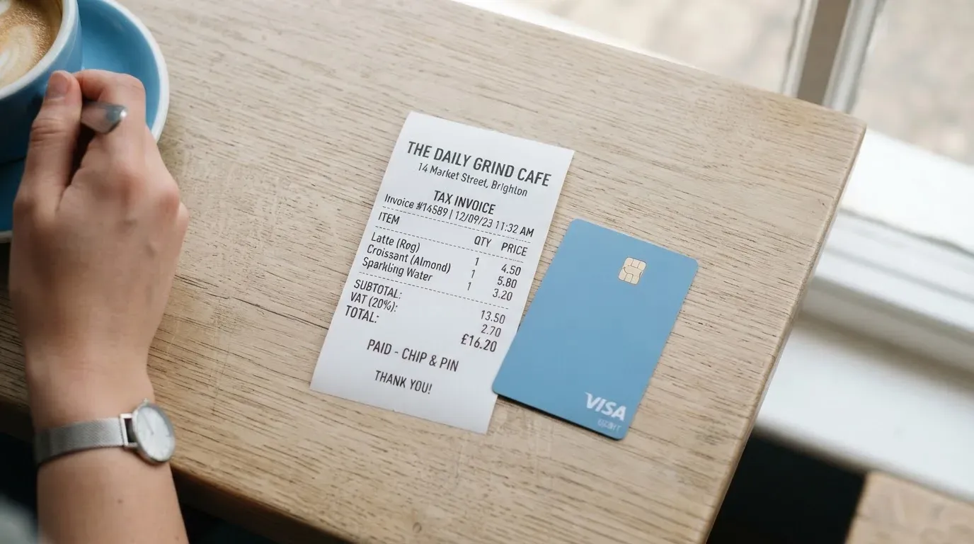 A receipt and a card on a café table
