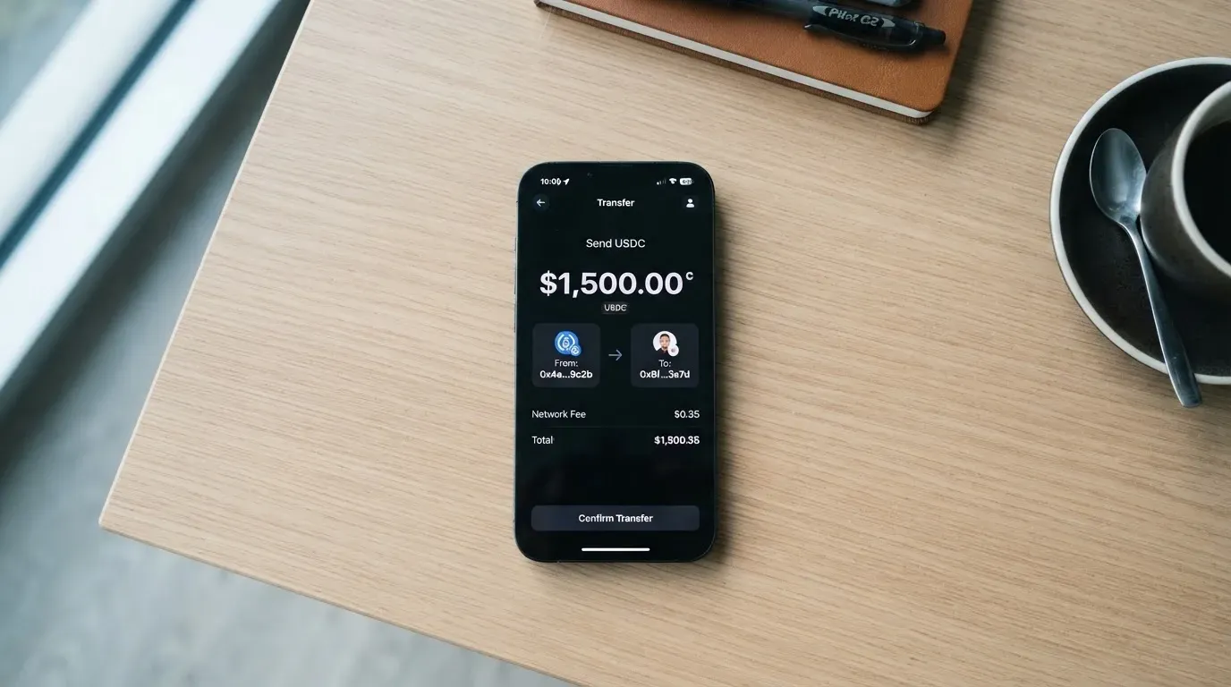 A phone showing a stablecoin transfer screen