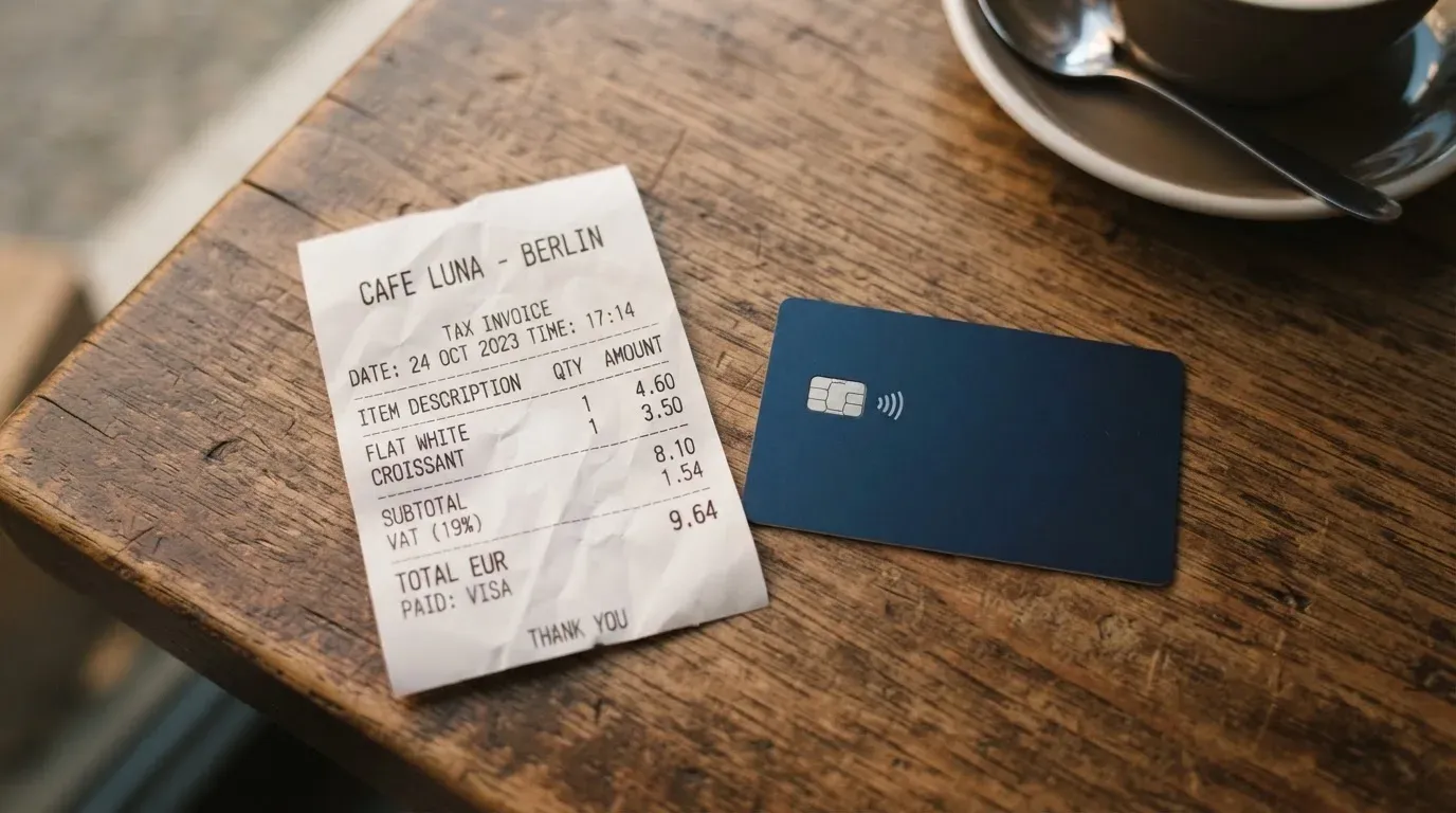 A receipt and a card on a café table