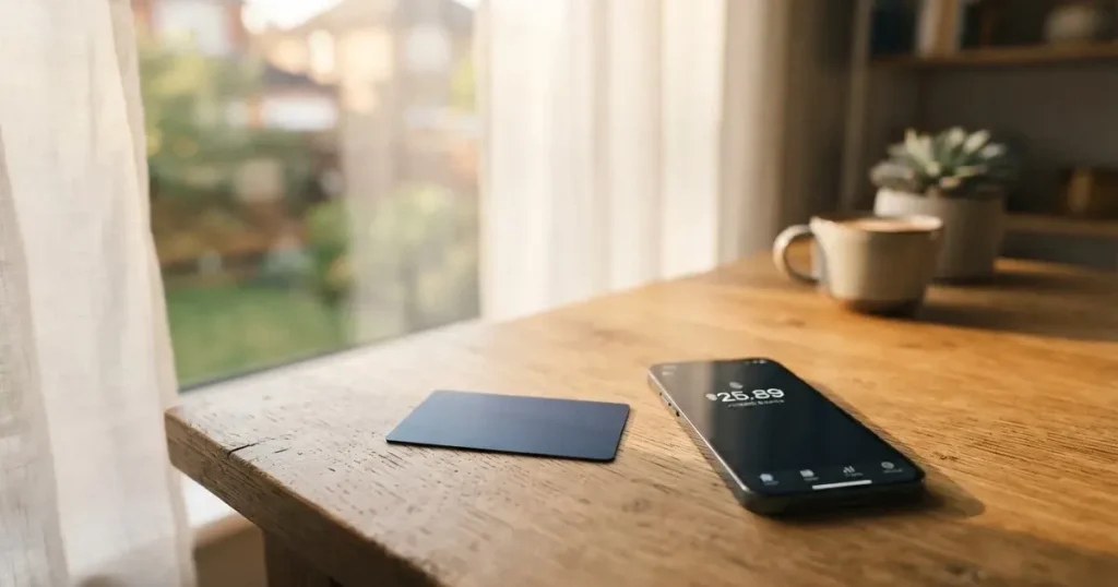 A payment card next to a phone with a crypto wallet app open