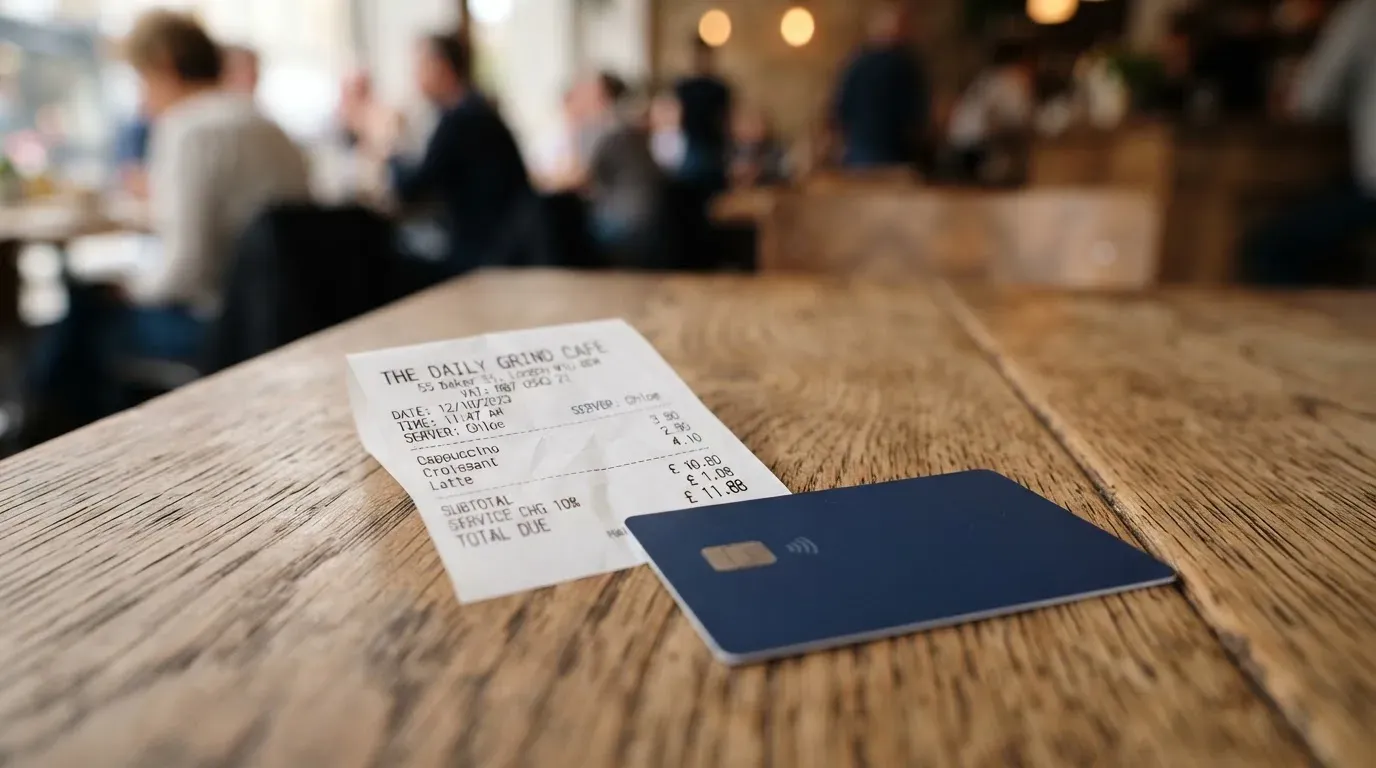 A receipt and a card on a café table