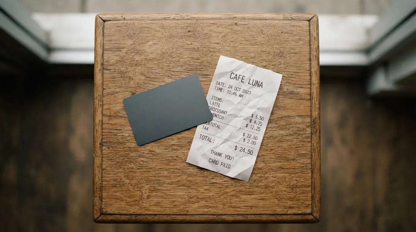 A receipt and a card on a café table