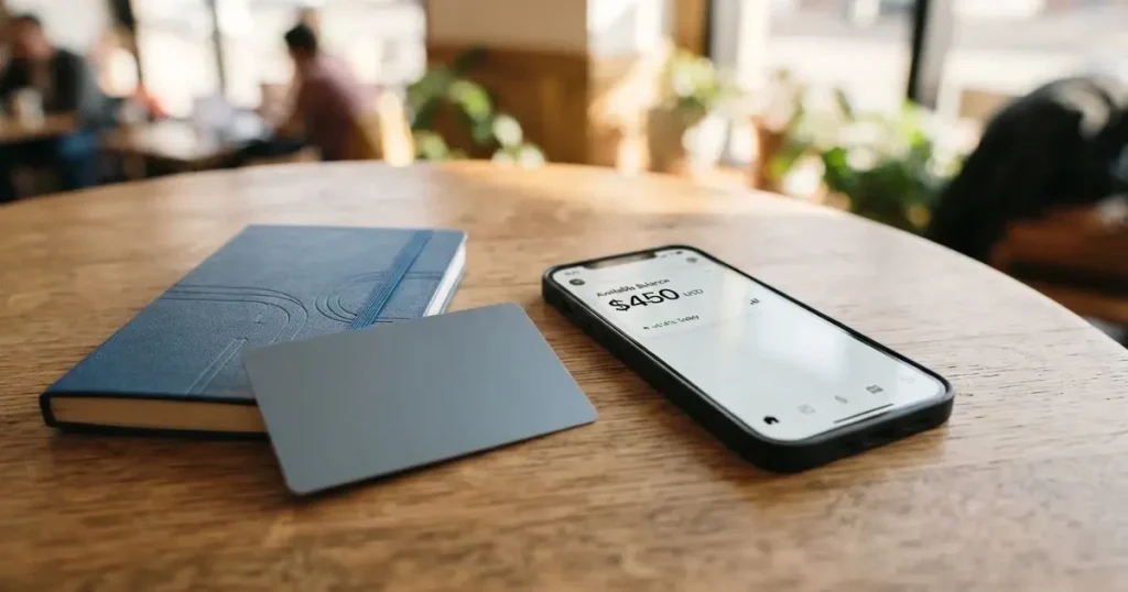 A payment card next to a phone with a crypto wallet app open