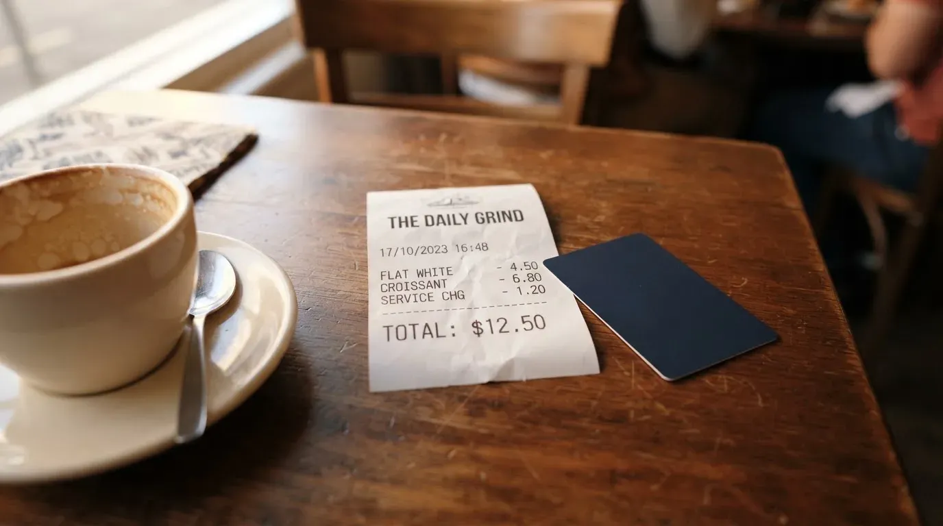 A receipt and a card on a café table