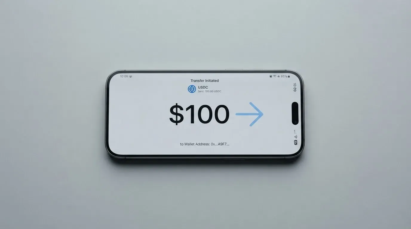 A phone showing a stablecoin transfer screen