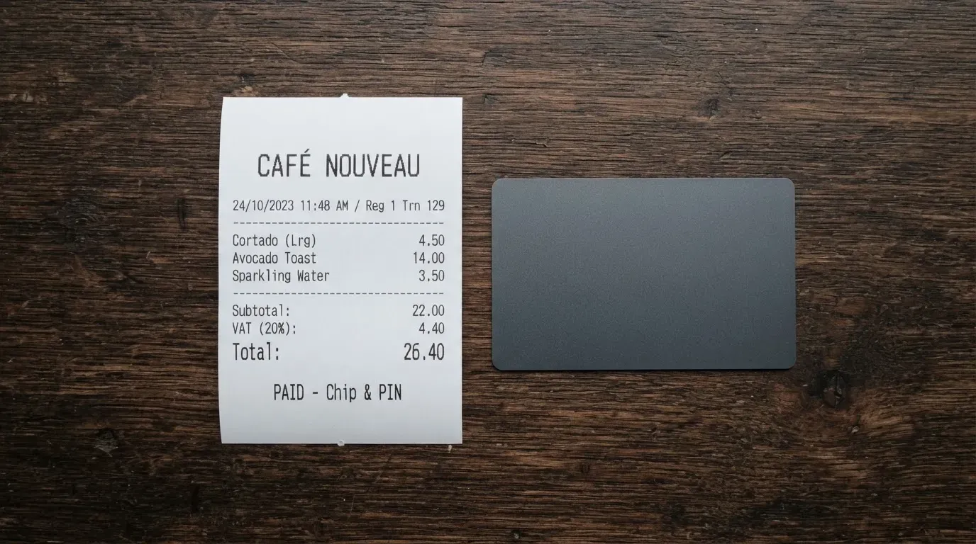 A receipt and a card on a café table