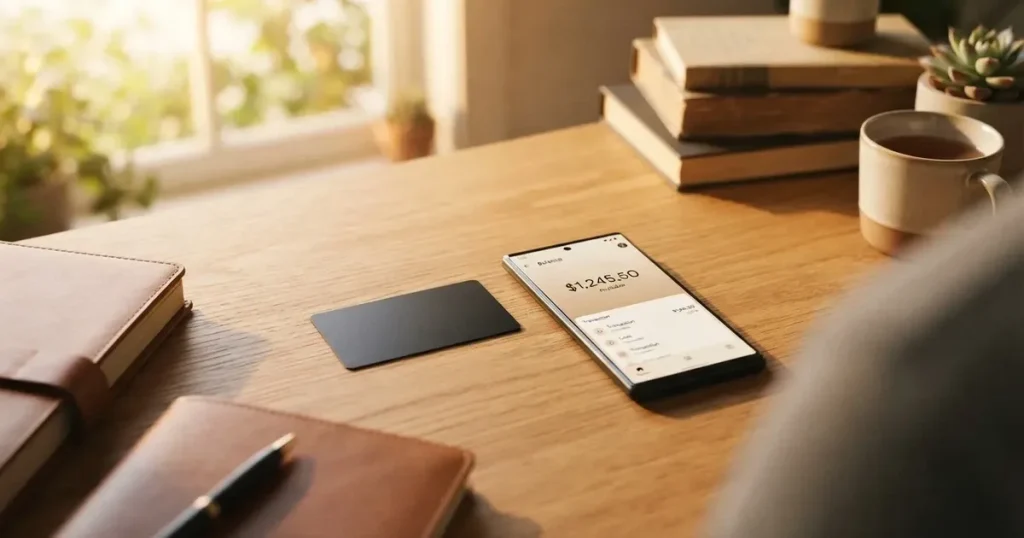 A payment card next to a phone with a crypto wallet app open