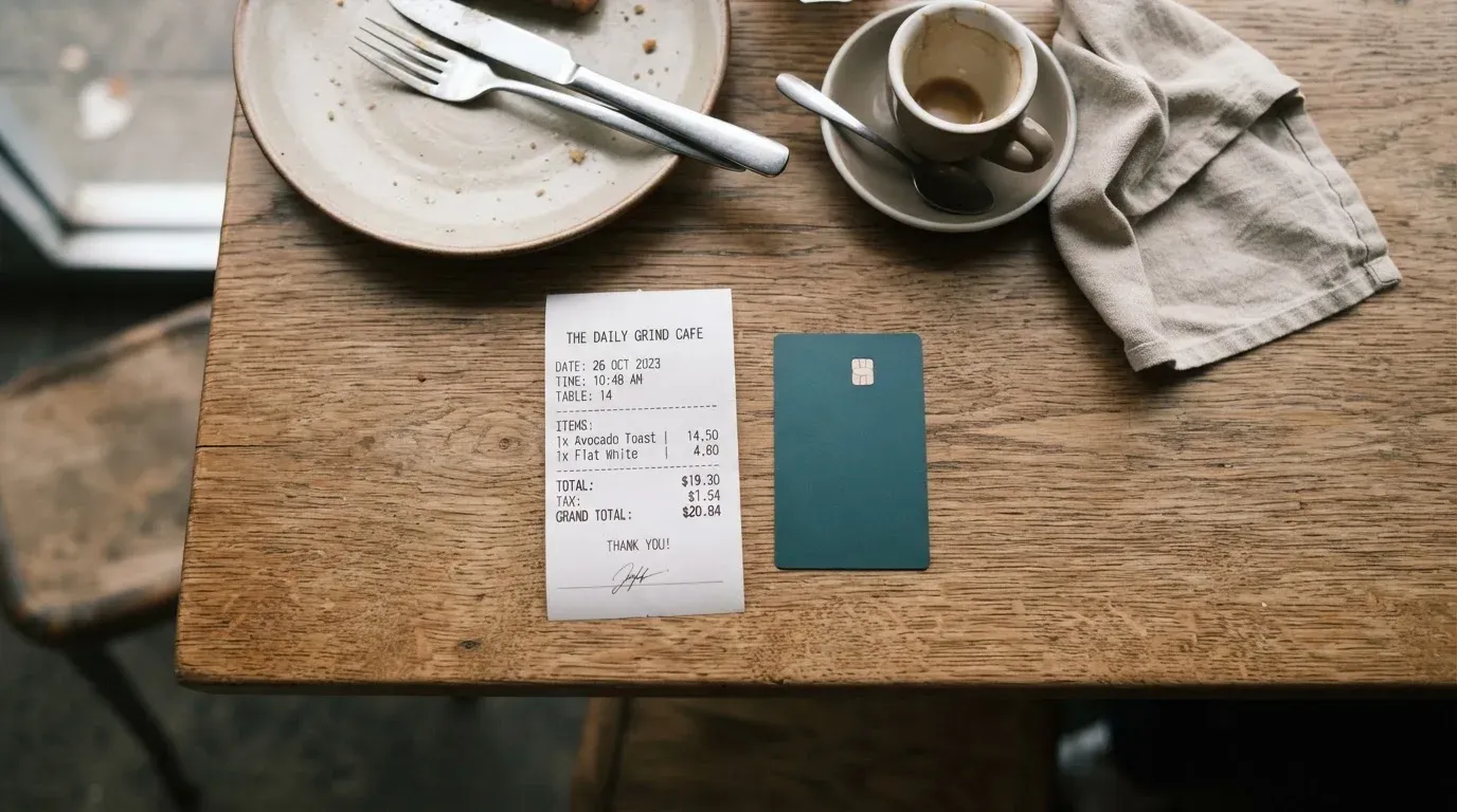 A receipt and a card on a café table