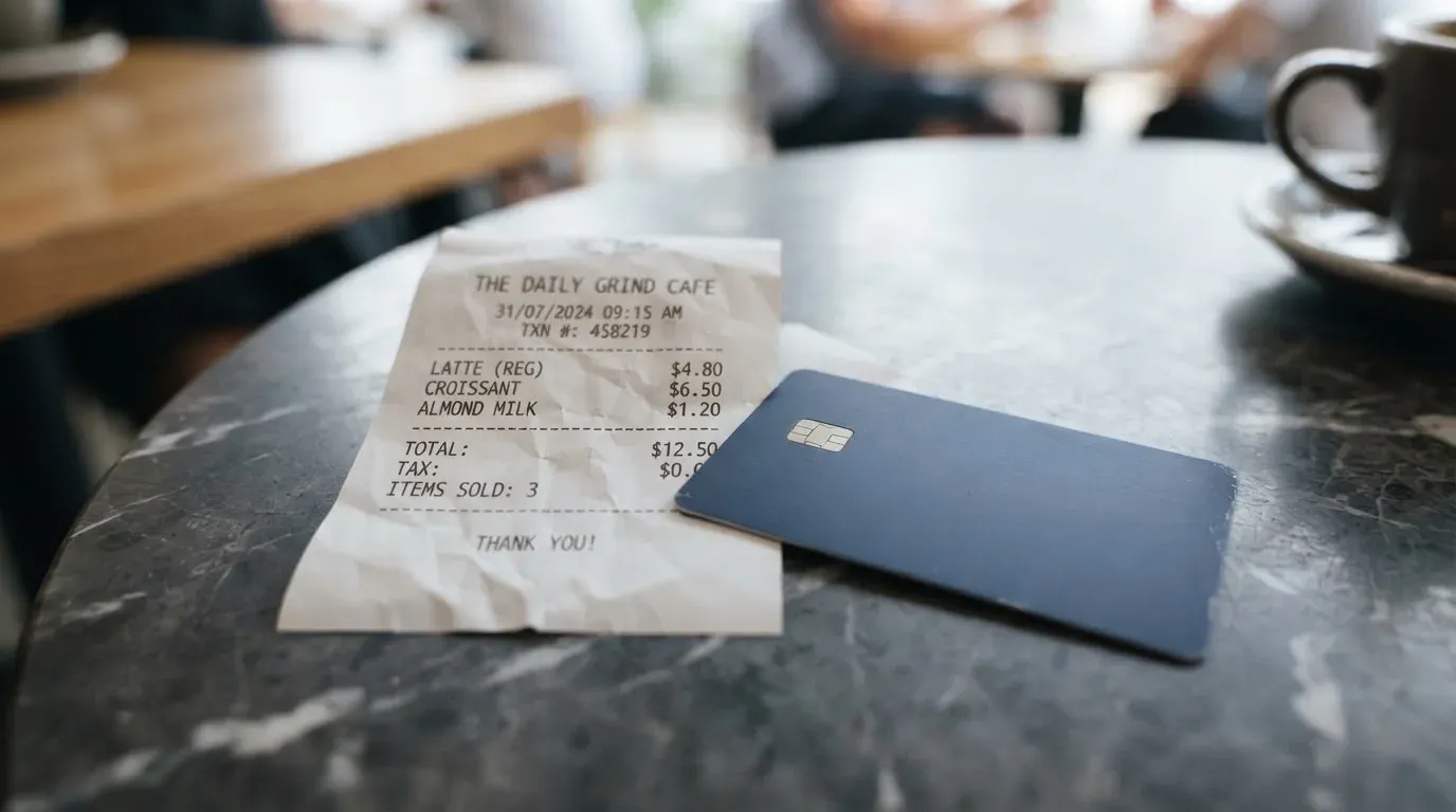 A receipt and a card on a café table