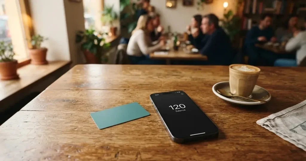 A payment card next to a phone with a crypto wallet app open
