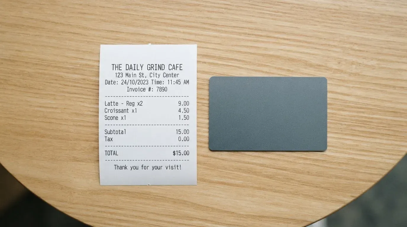 A receipt and a card on a café table