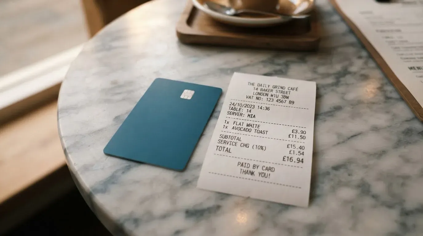 A receipt and a card on a café table