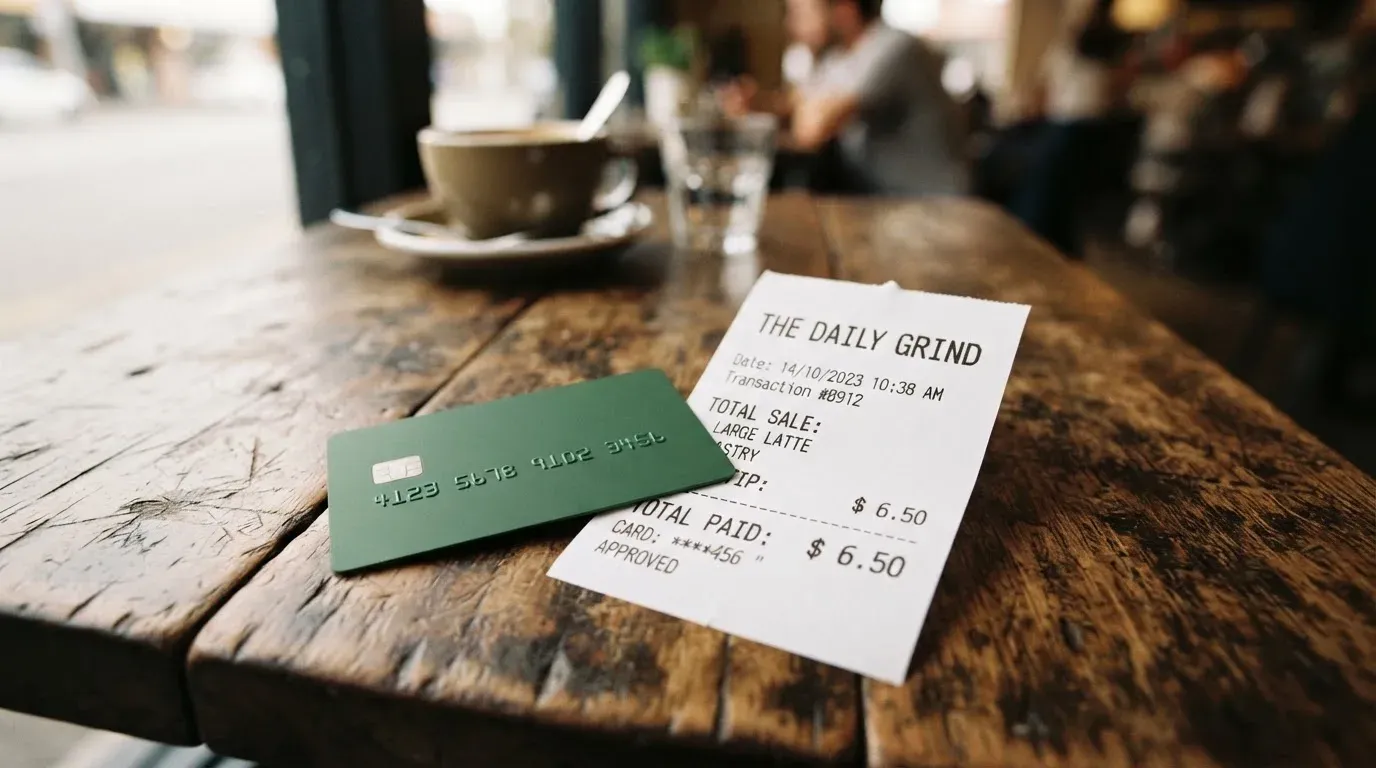 A receipt and a card on a café table