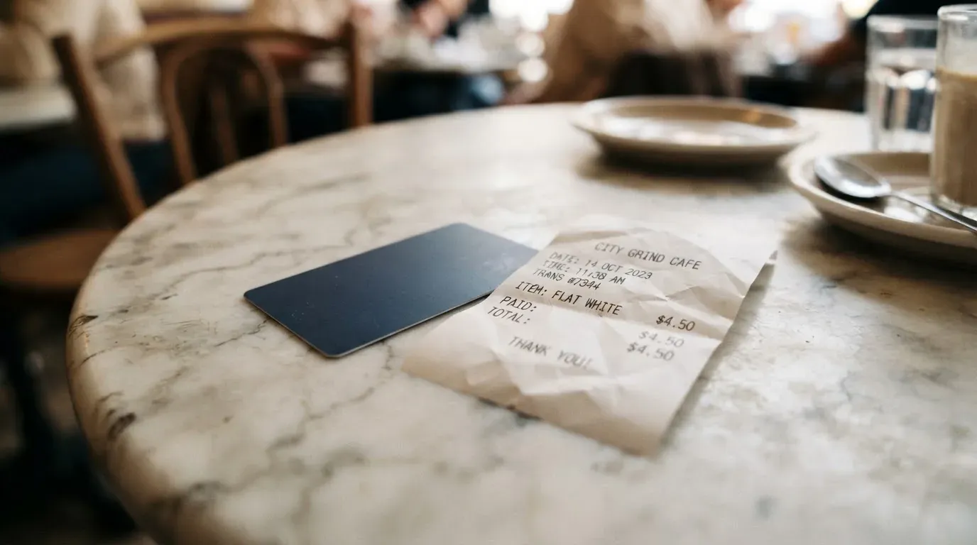 A receipt and a card on a café table
