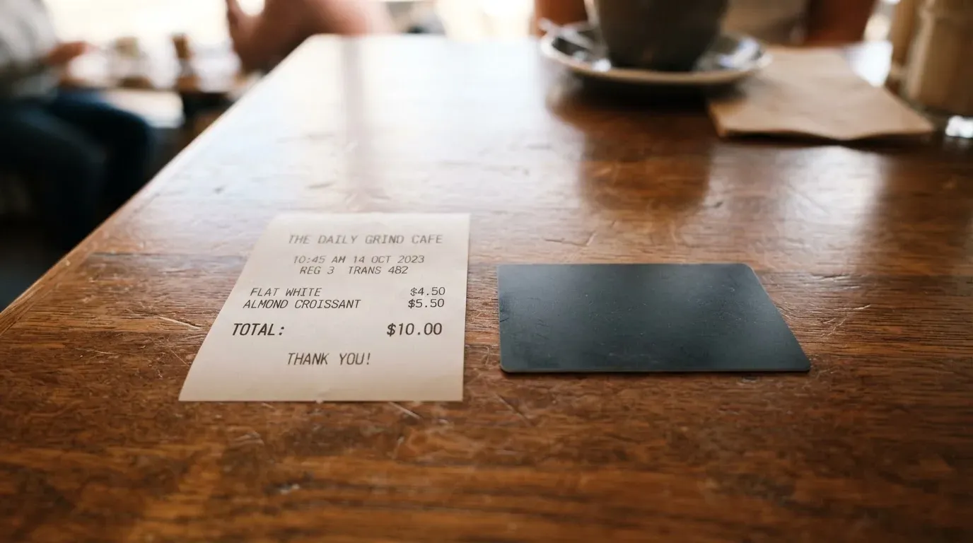 A receipt and a card on a café table