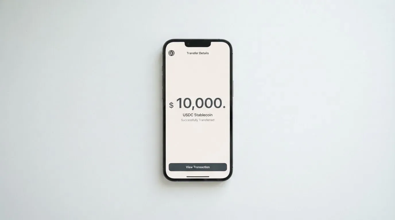 A phone showing a stablecoin transfer screen