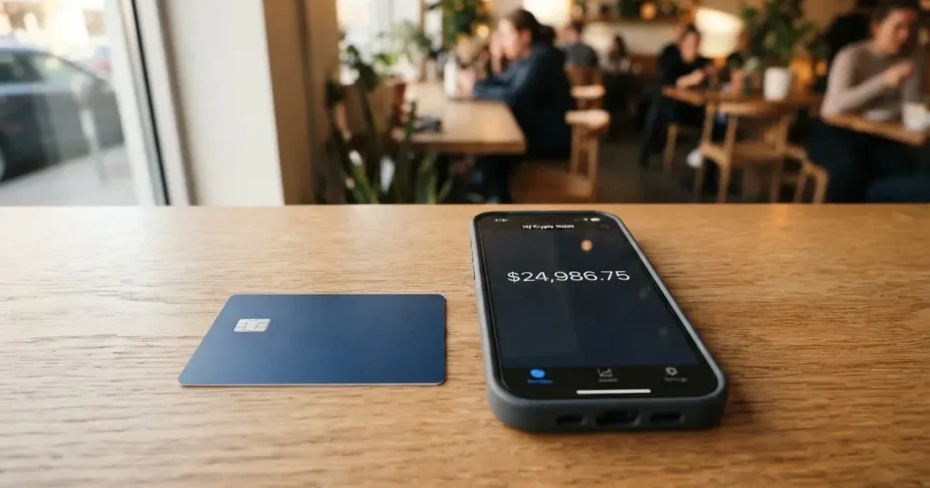 A payment card next to a phone with a crypto wallet app open