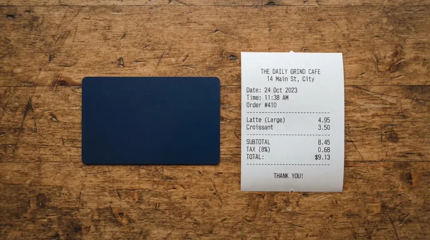 A receipt and a card on a café table