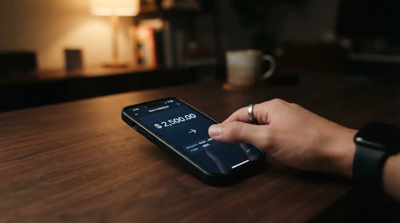 A phone showing a stablecoin transfer screen