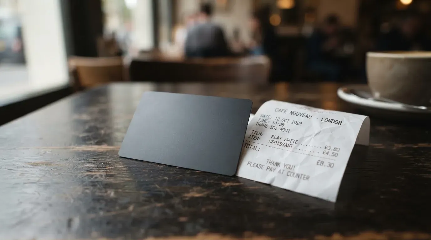 A receipt and a card on a café table