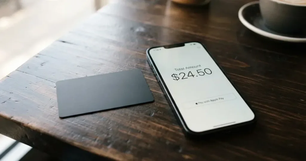 A payment card next to a phone with a crypto wallet app open