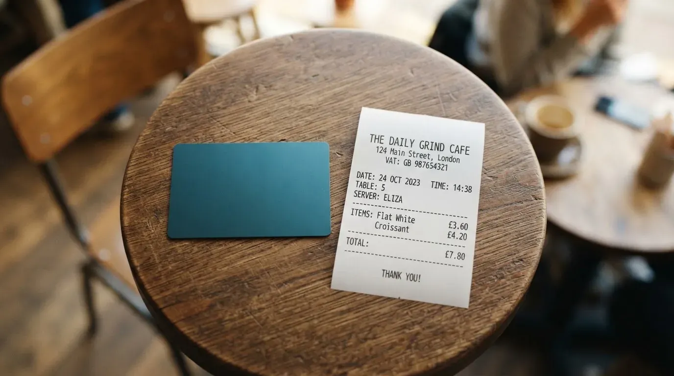 A receipt and a card on a café table