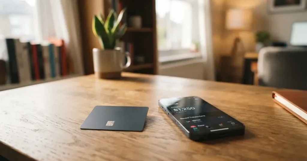 A payment card next to a phone with a crypto wallet app open