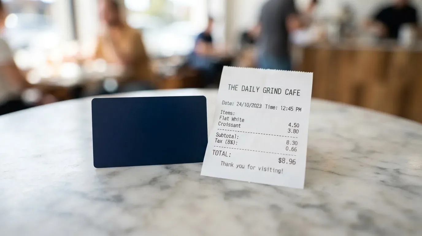 A receipt and a card on a café table