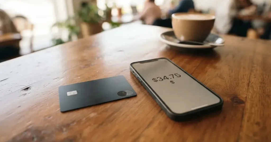 A payment card next to a phone with a crypto wallet app open