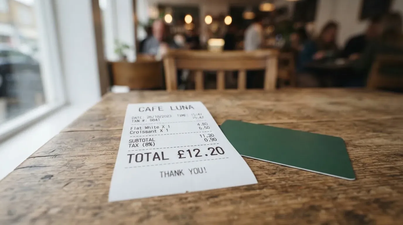A receipt and a card on a café table
