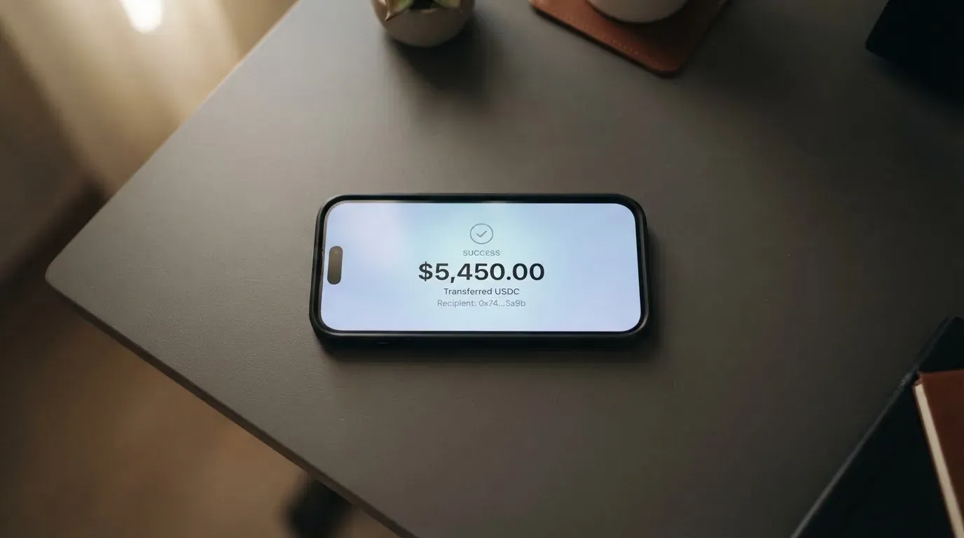 A phone showing a stablecoin transfer screen