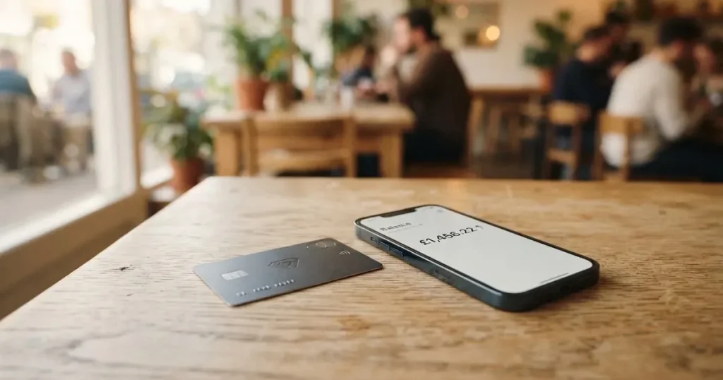 A payment card next to a phone with a crypto wallet app open