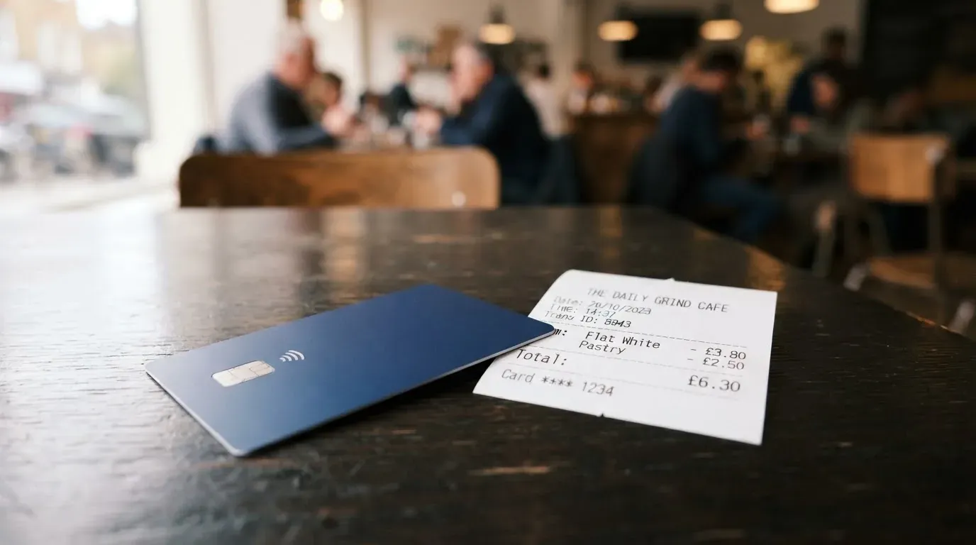 A receipt and a card on a café table