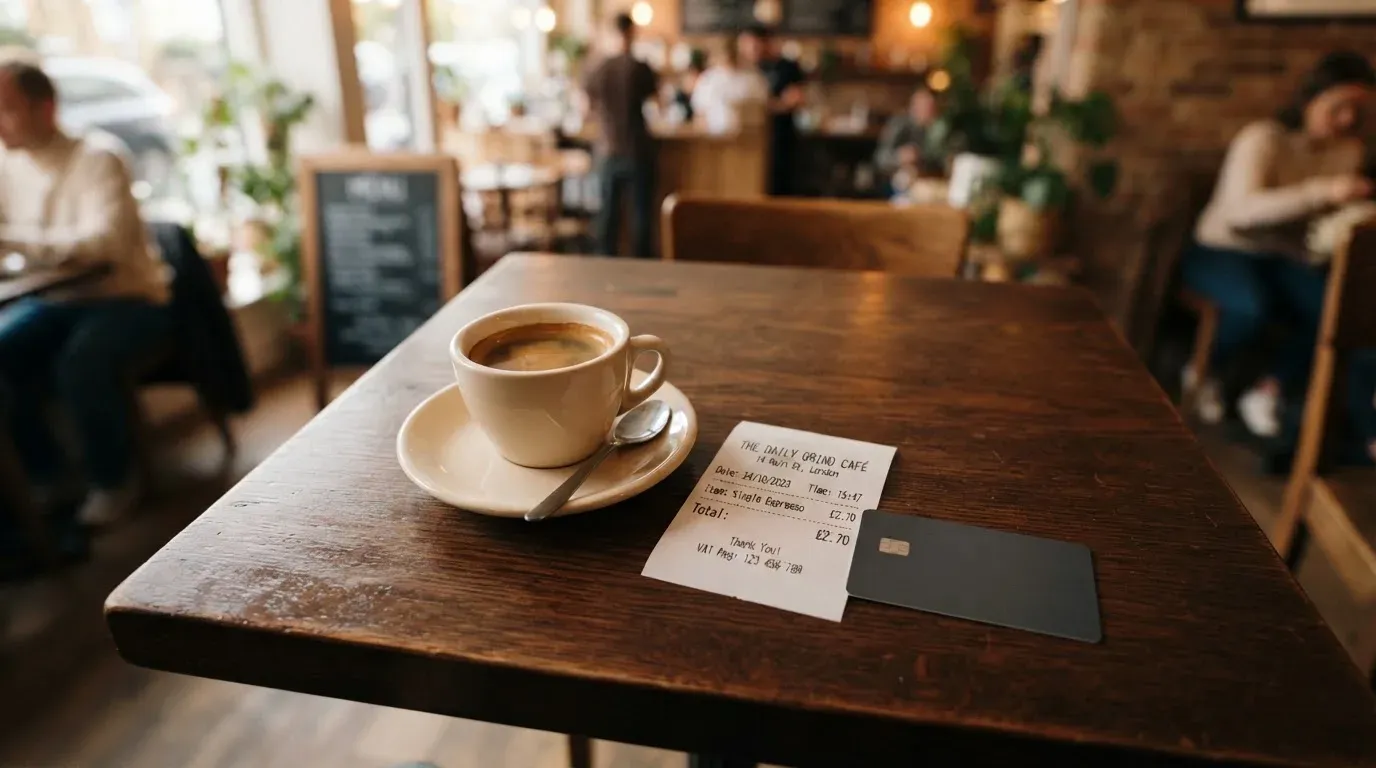 A receipt and a card on a café table