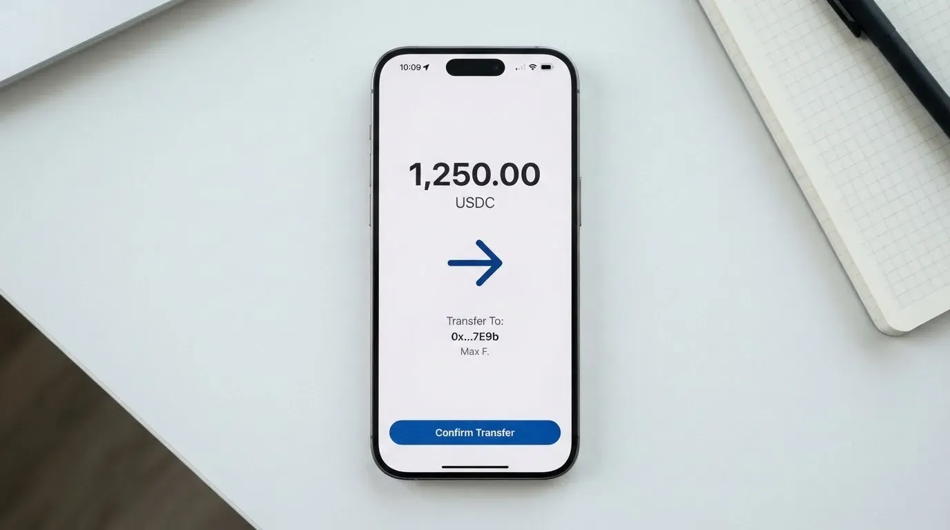 A phone showing a stablecoin transfer screen